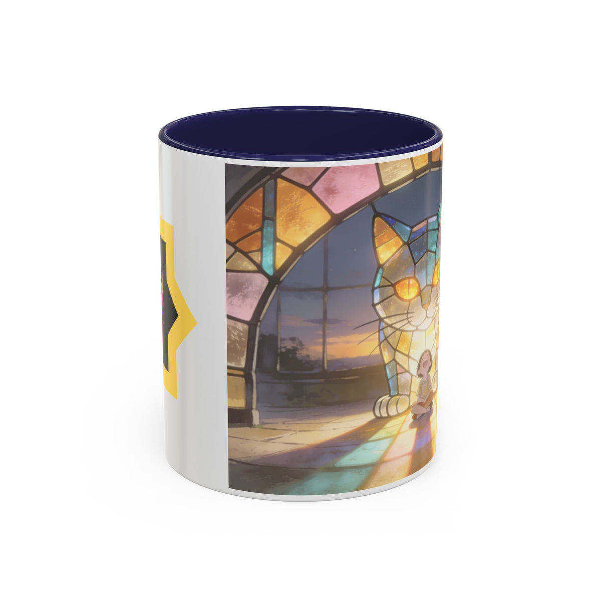Glasslight Watch — Stained Glass Guardian Cat Accent Mug, 11 or 15 oz