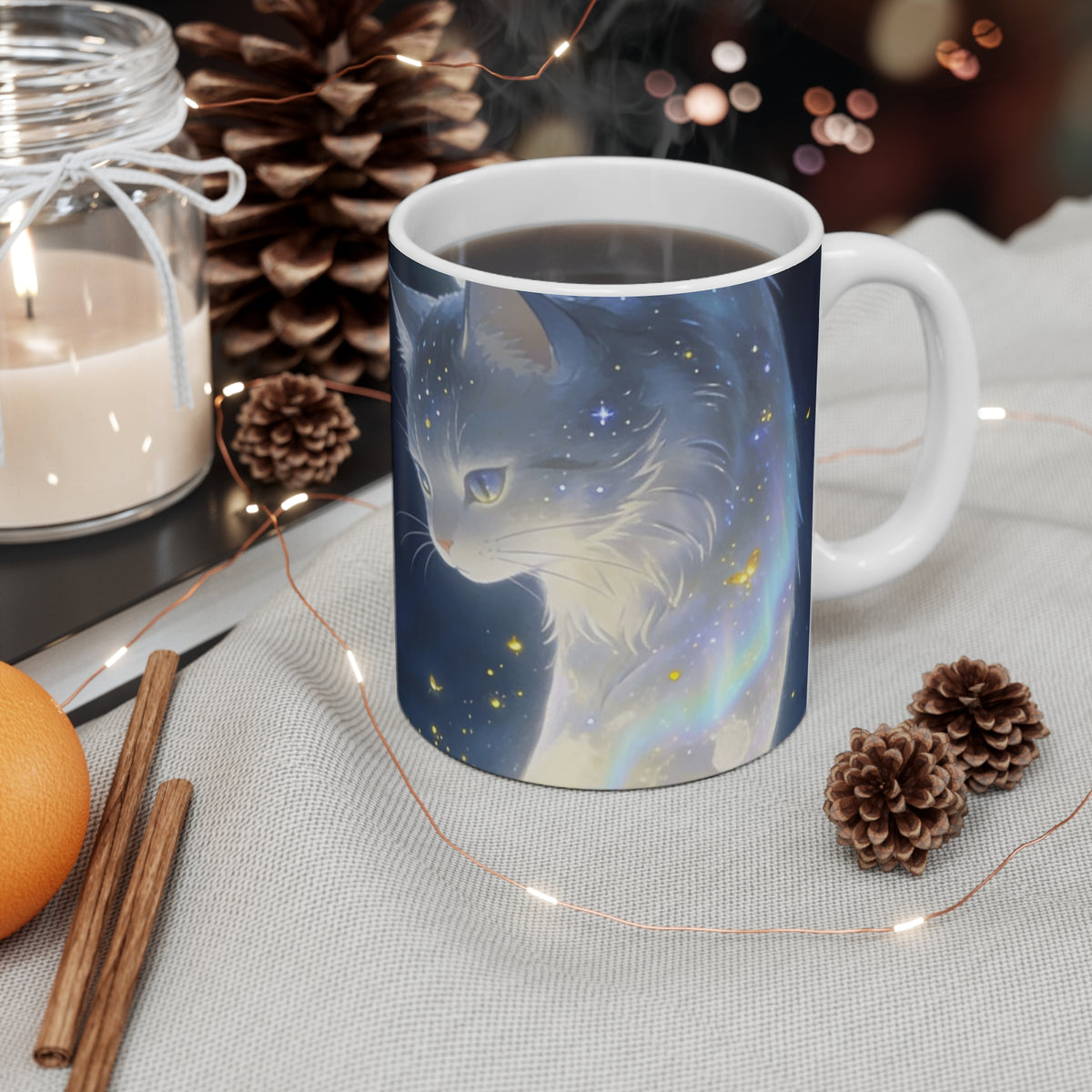 The Moon Keeps Watch — Moon Guardian Cat Ceramic Mug, 11 oz