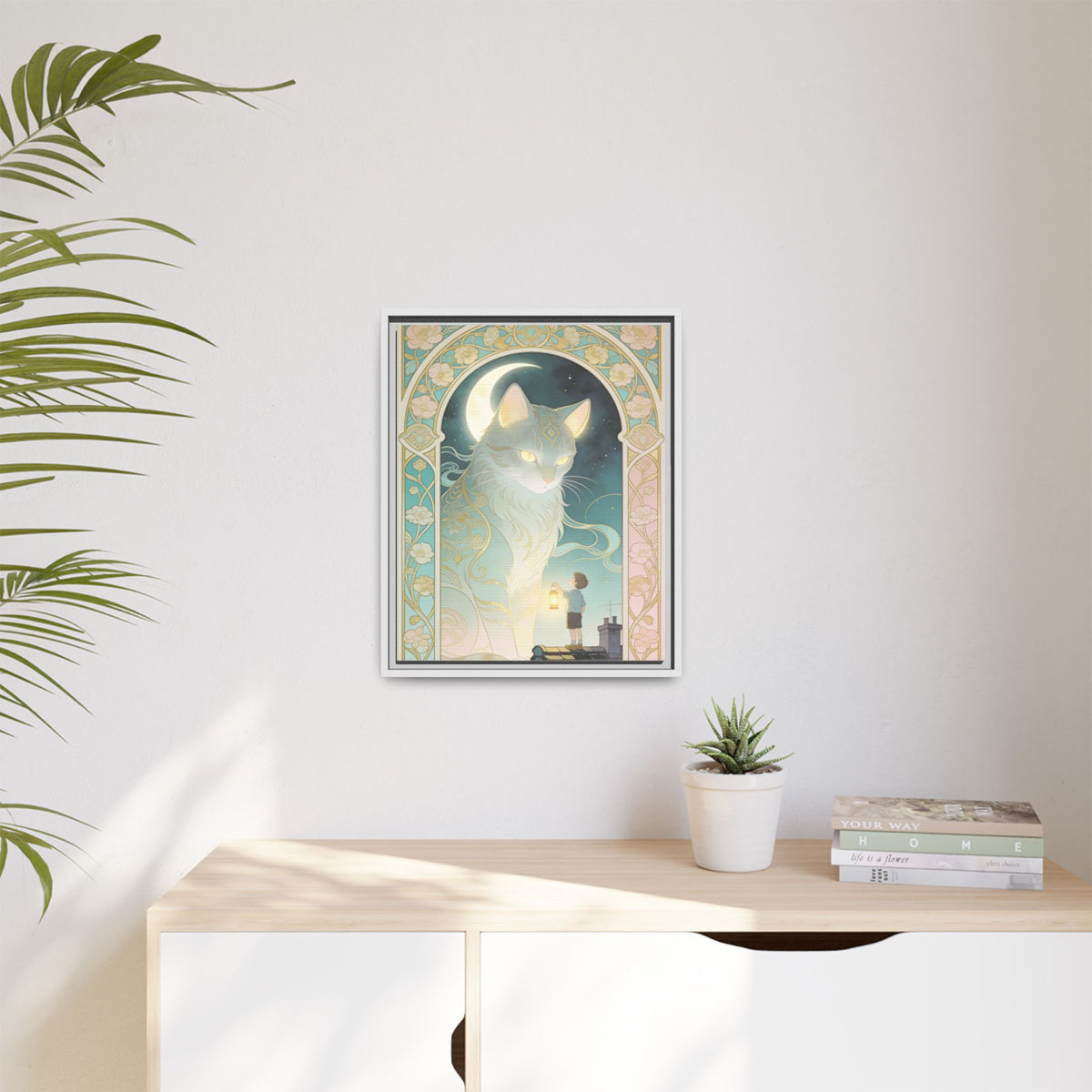 The Lantern Cat & Rooftop Boy - Framed Canvas Print