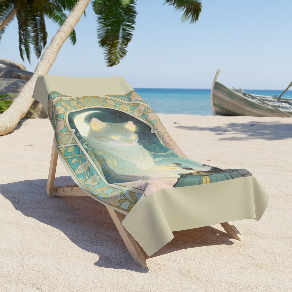 The Wave Cat — Art Nouveau Beach Towel