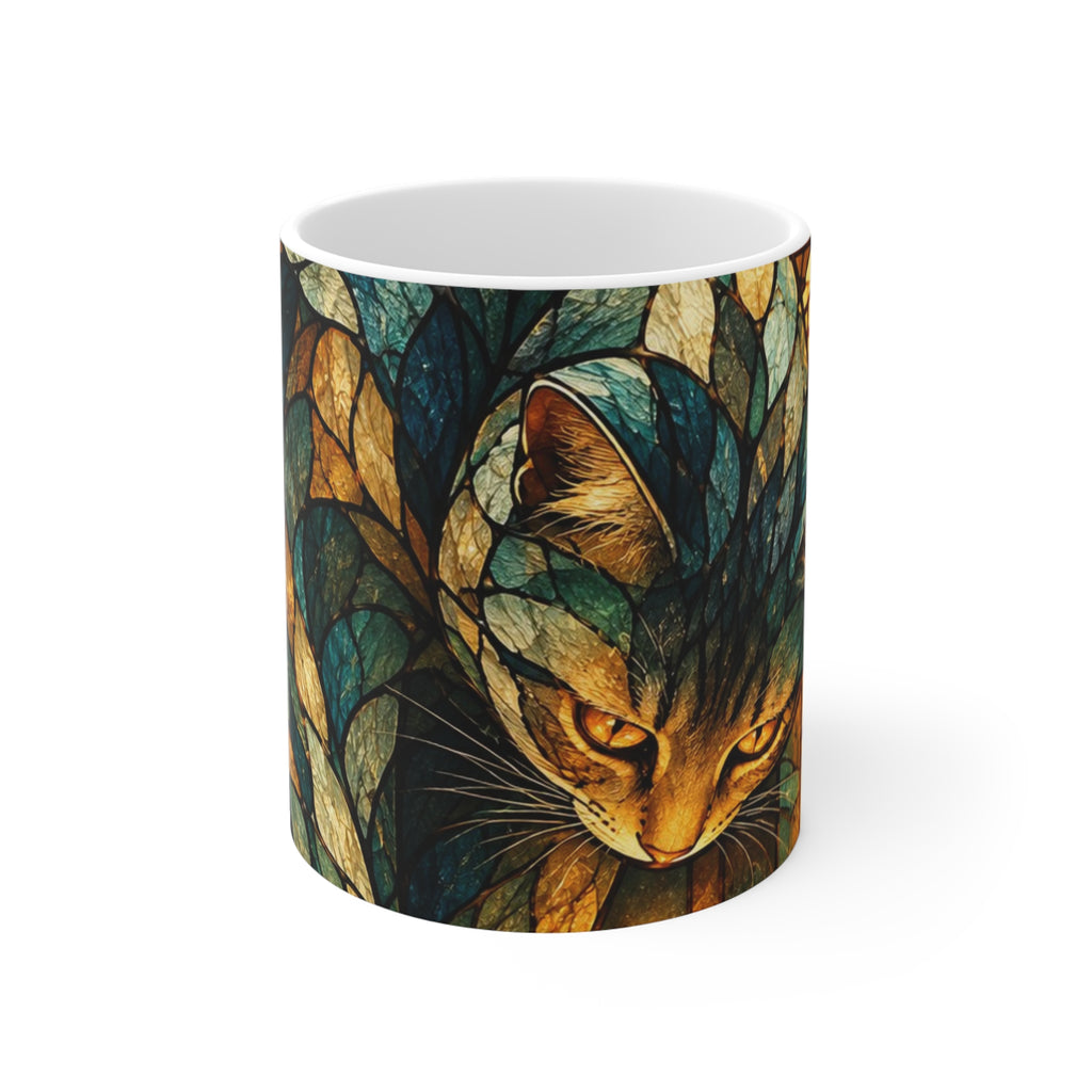 Glasslight Watch — Stained Glass Guardian Cat Ceramic Mug, 11 oz