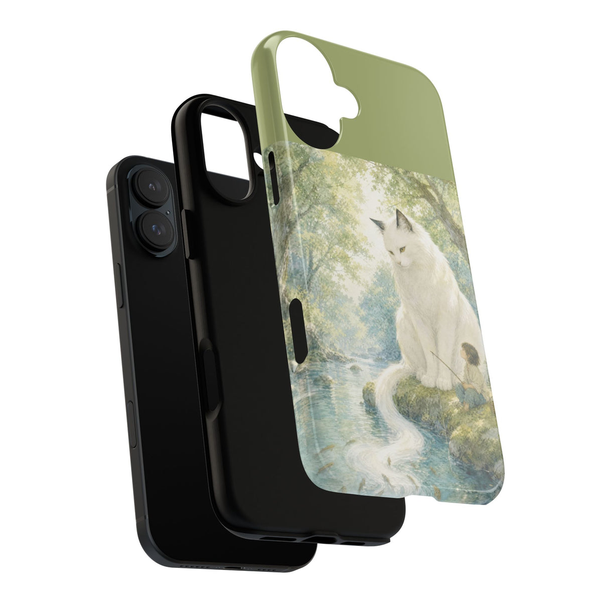 By the Stream, She Watches — Guardian Cat & Child iPhone Case