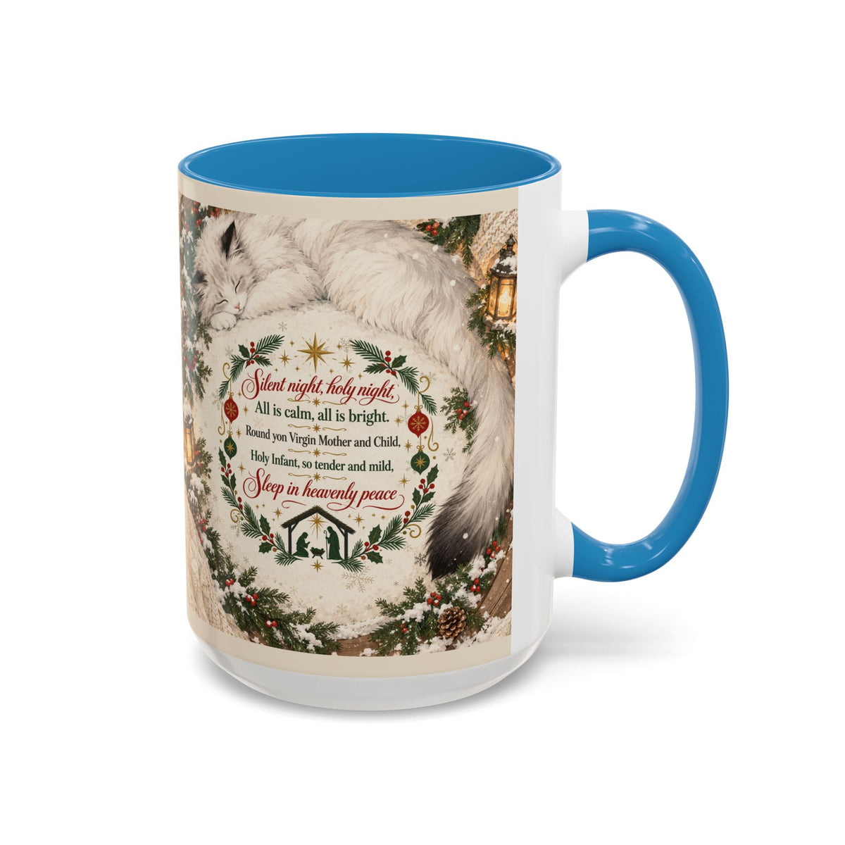 Silent Night Carol — Christmas Cat Accent Mug (11oz / 15oz)
