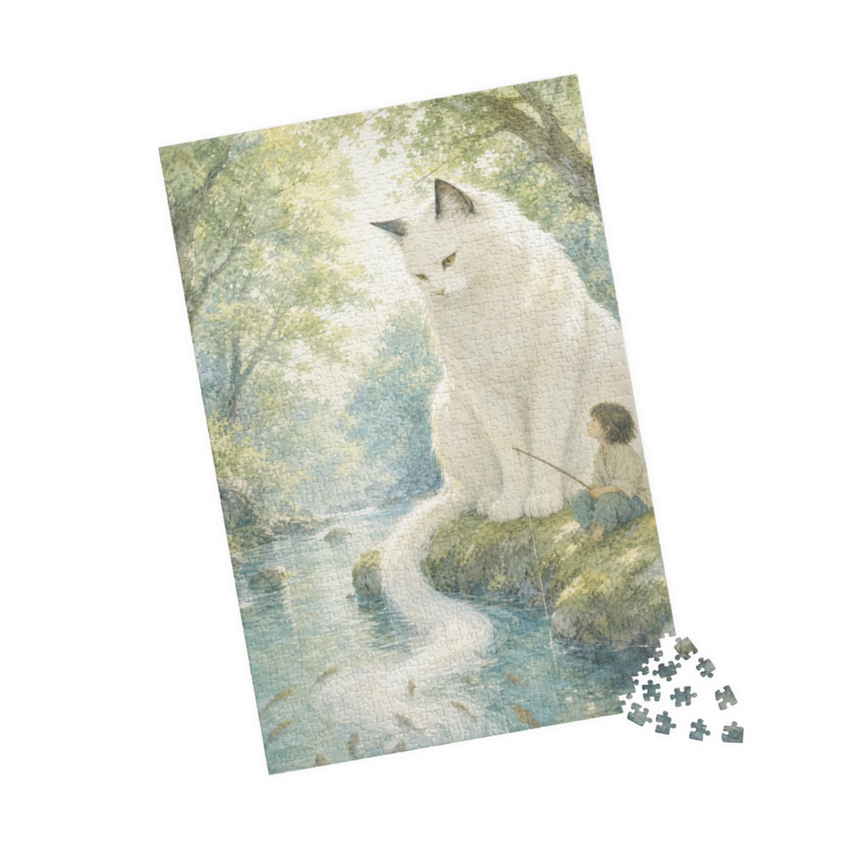 By the Stream, She Watches — Guardian Cat & Child Jigsaw Puzzle