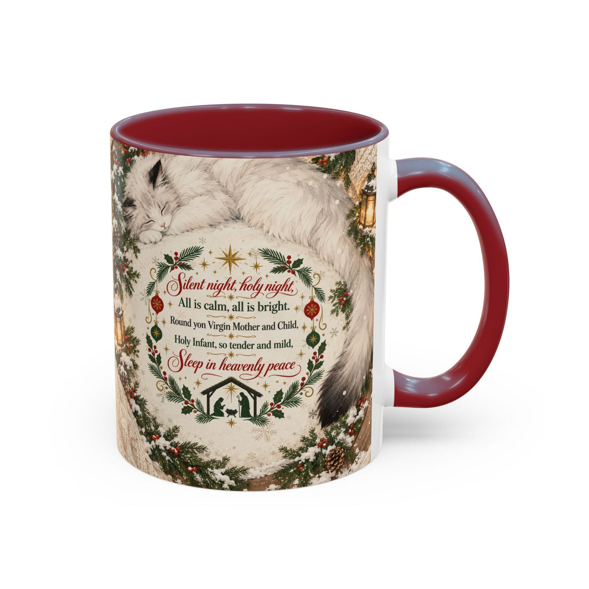 Silent Night Carol — Christmas Cat Accent Mug (11oz / 15oz)