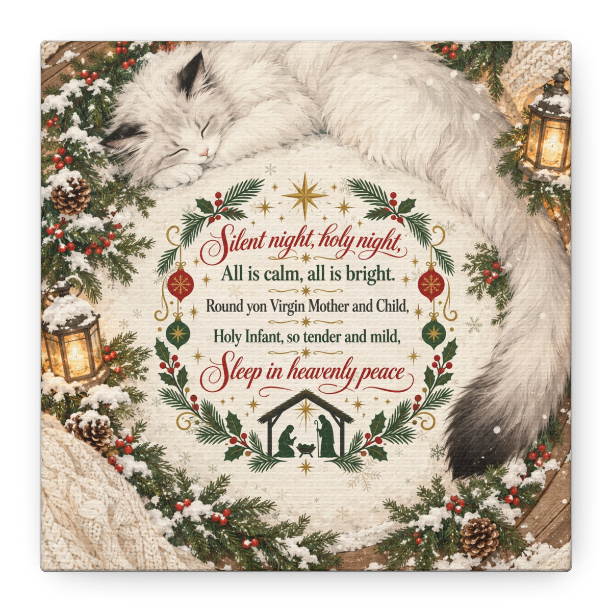 Silent Night Carol — Christmas Cat Nativity Canvas Wall Art