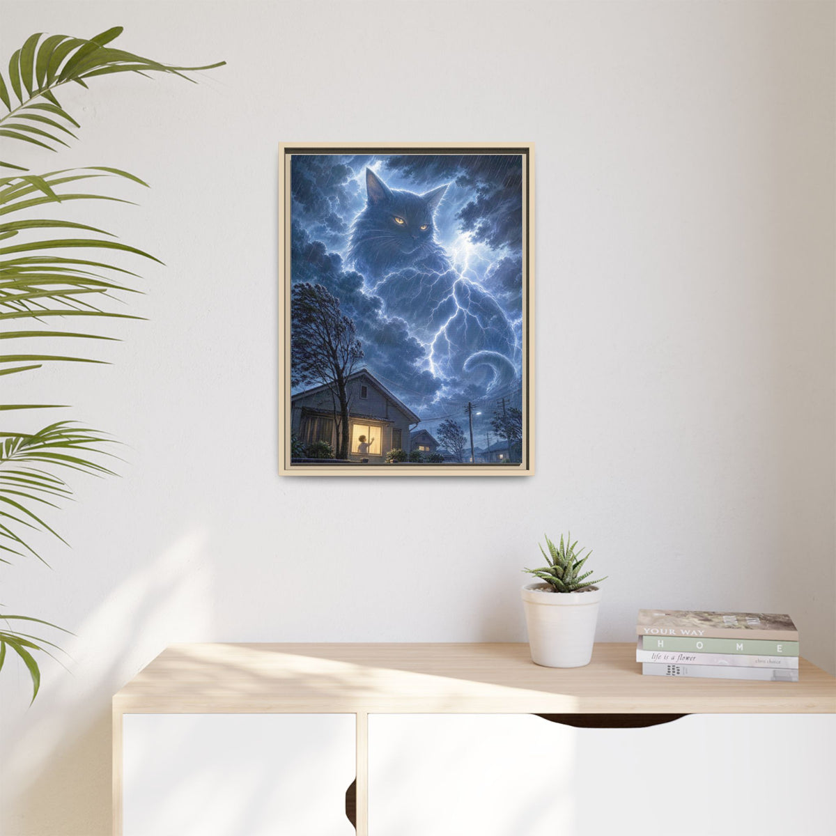 Never Fear the Storm — Lightning Cat Framed Matte Canvas