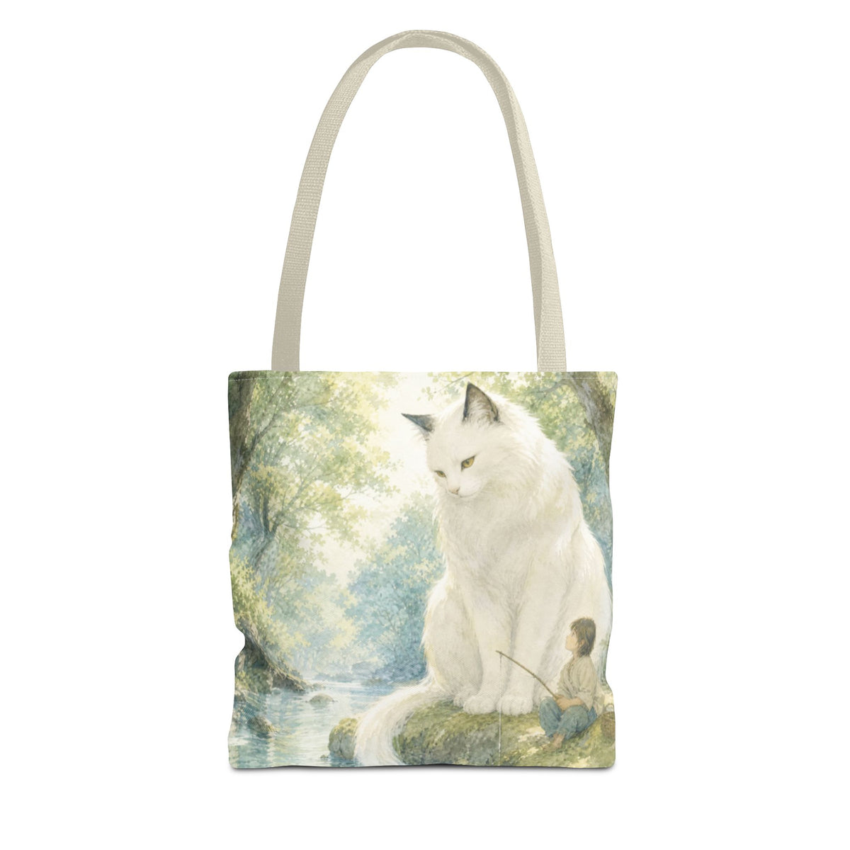 By the Stream, She Watches — Guardian Cat & Child Tote Bag