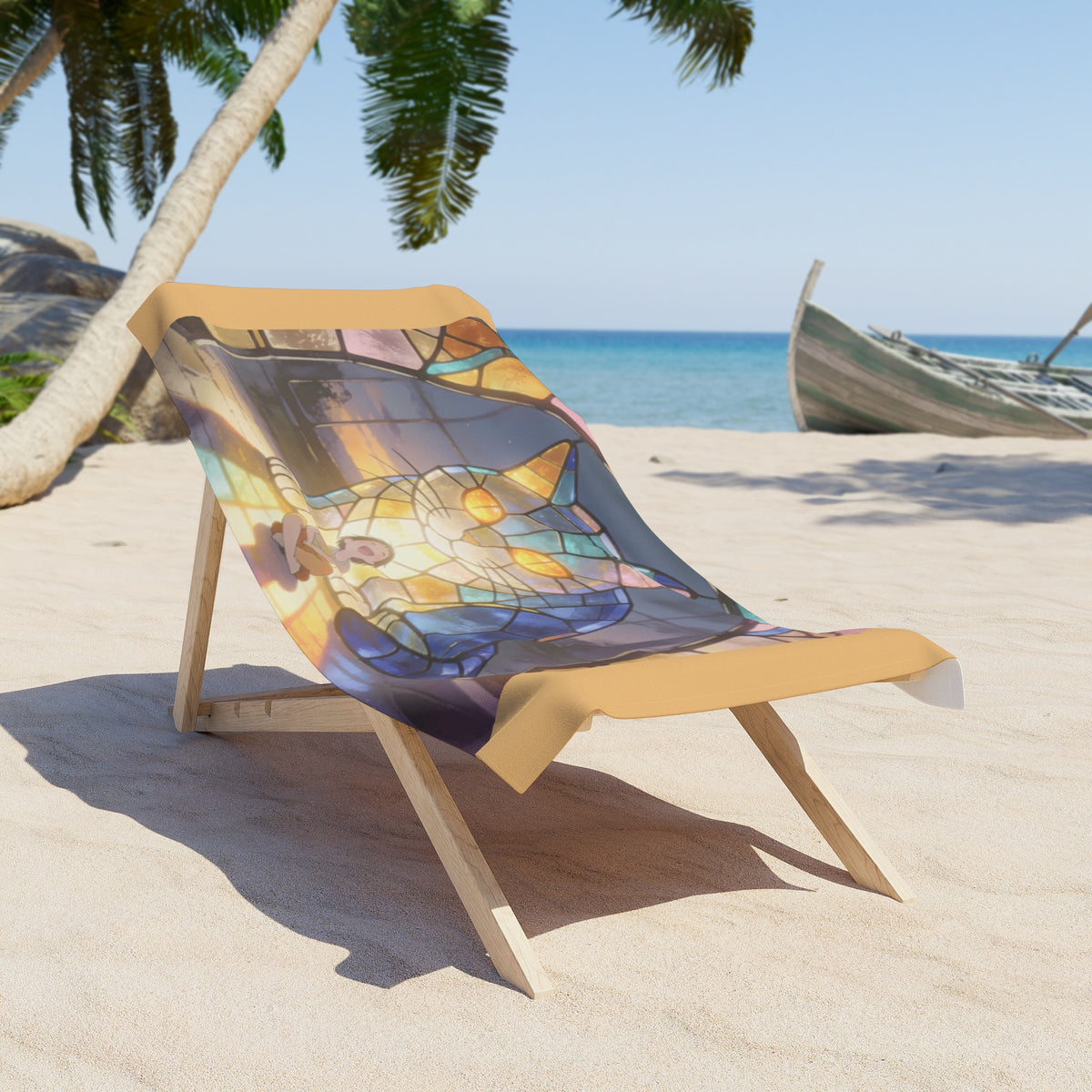 Sunlight Held in Glass — Stained Glass Cat Beach Towel, 30x60 or 36x72