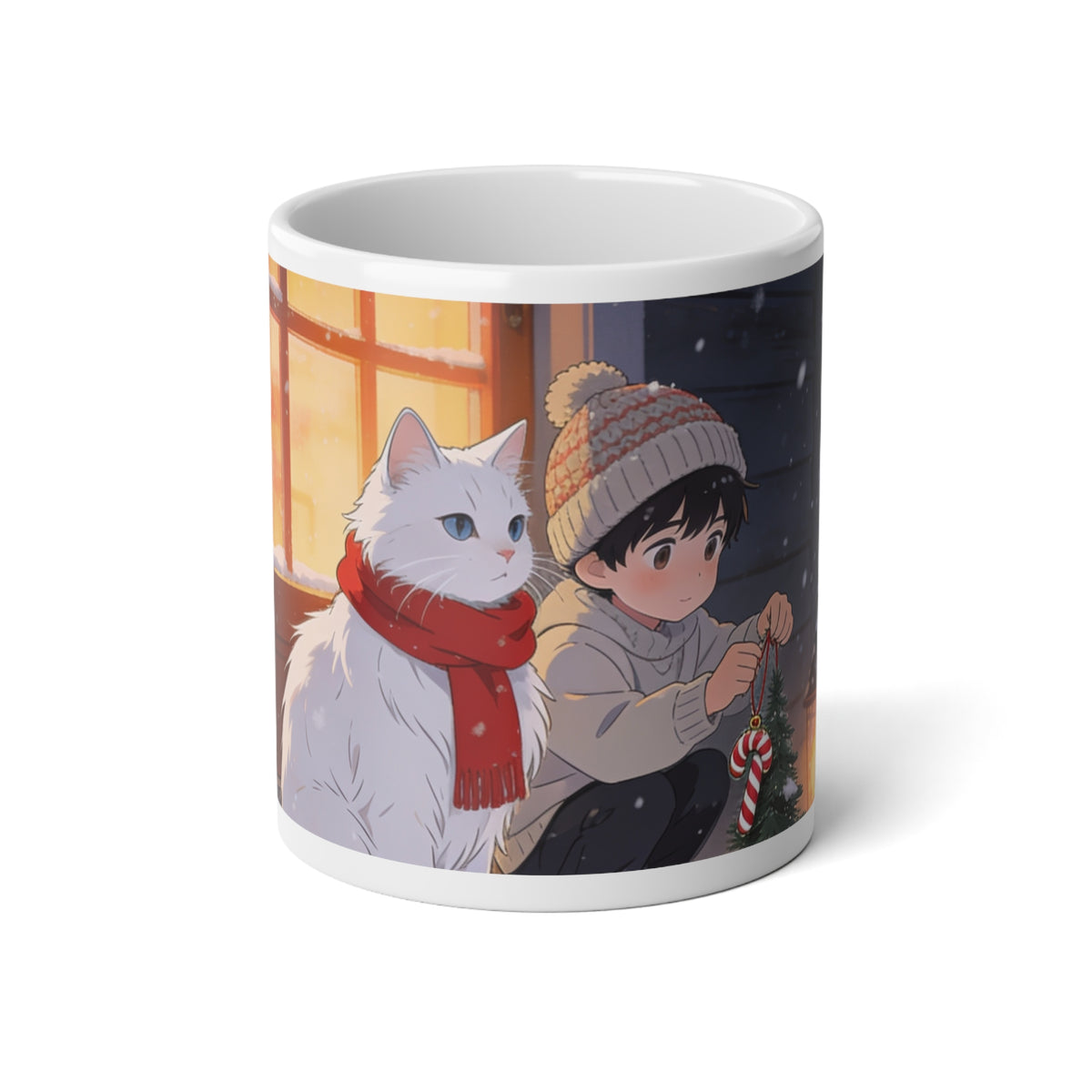 Snowy Doorstep Watch 20oz Jumbo Mug — Christmas Guardian Cat in the Snow