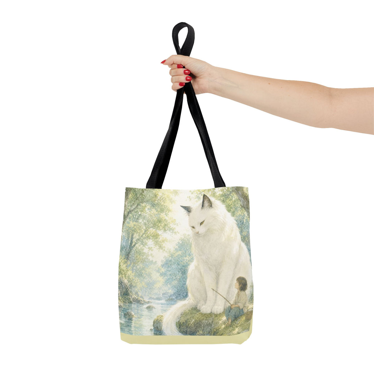By the Stream, She Watches — Guardian Cat & Child Tote Bag