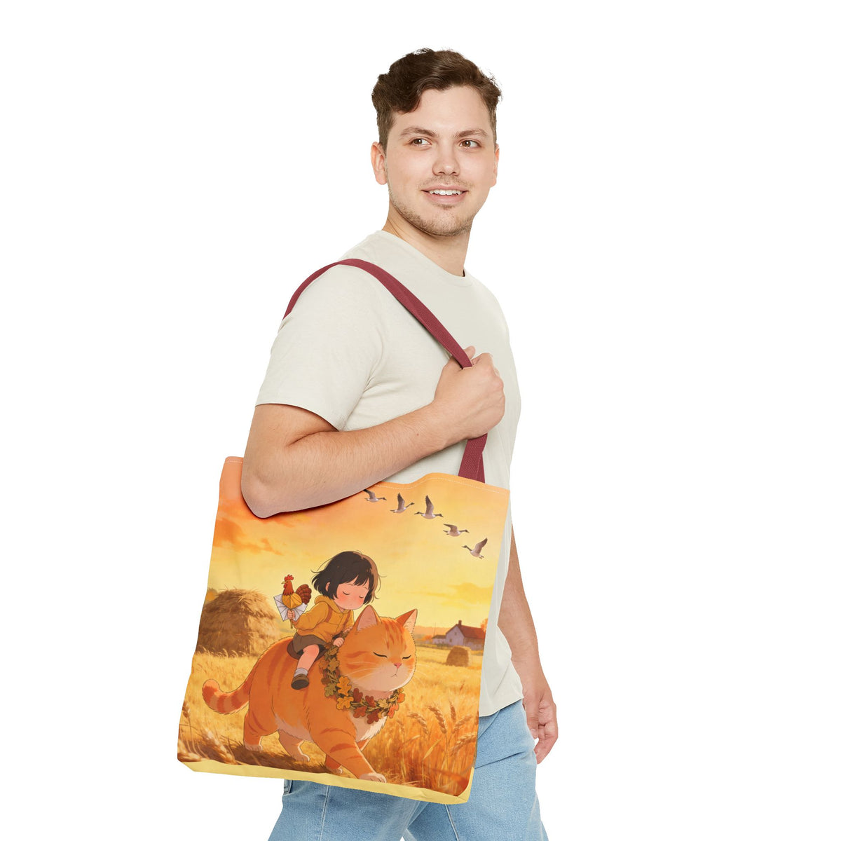 Harvest Watch — Wheat Walk Tote Bag, Guardian Cat & Fawn