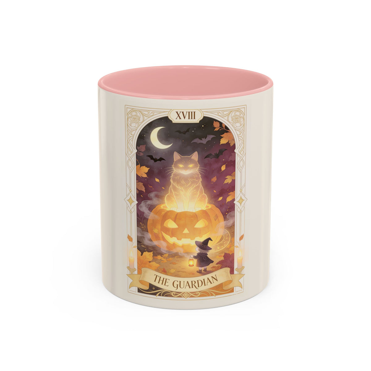 Card XVIII Draws Close — Guardian Tarot Cat & Pumpkin Accent Mug, 11 or 15 oz