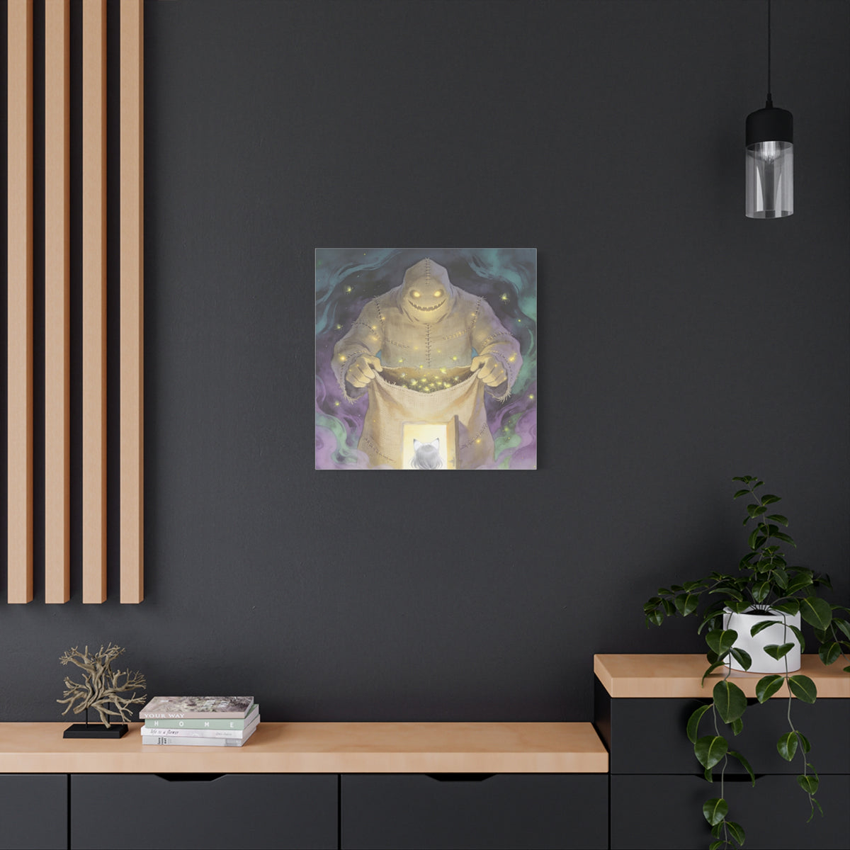 Nothing Gets Past Him — Halloween Night Guardian Canvas, Monster & Cat Doorway Art