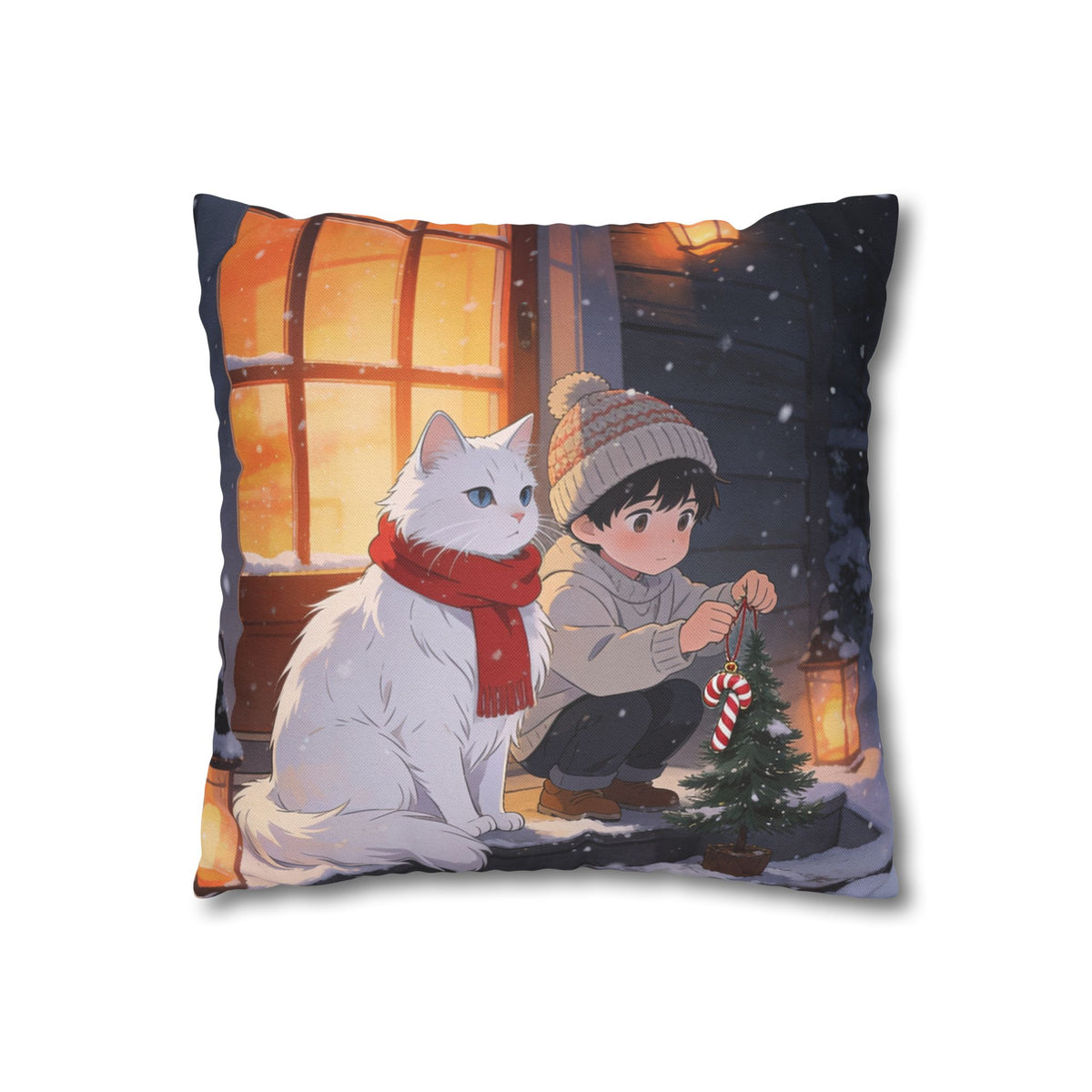 Christmas Cozy Cat Pillowcase — Spun Polyester Pillow Cover
