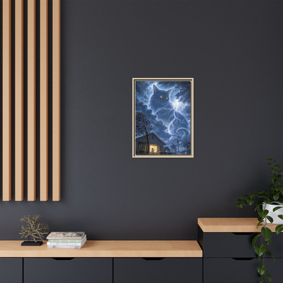 Never Fear the Storm — Lightning Cat Framed Matte Canvas