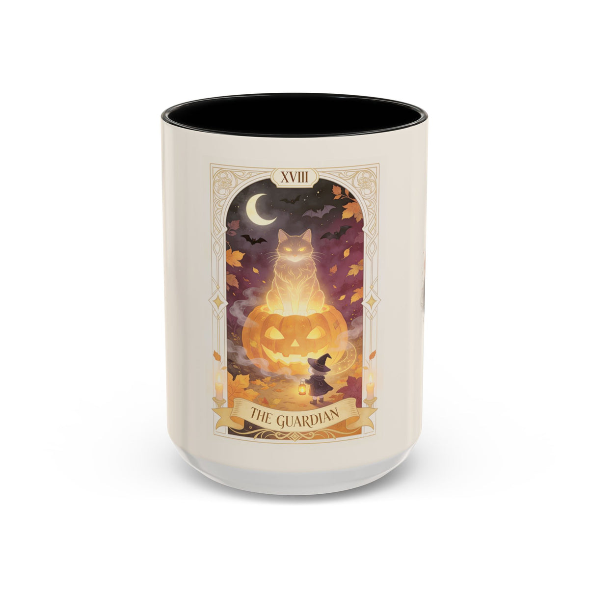 Card XVIII Draws Close — Guardian Tarot Cat & Pumpkin Accent Mug, 11 or 15 oz