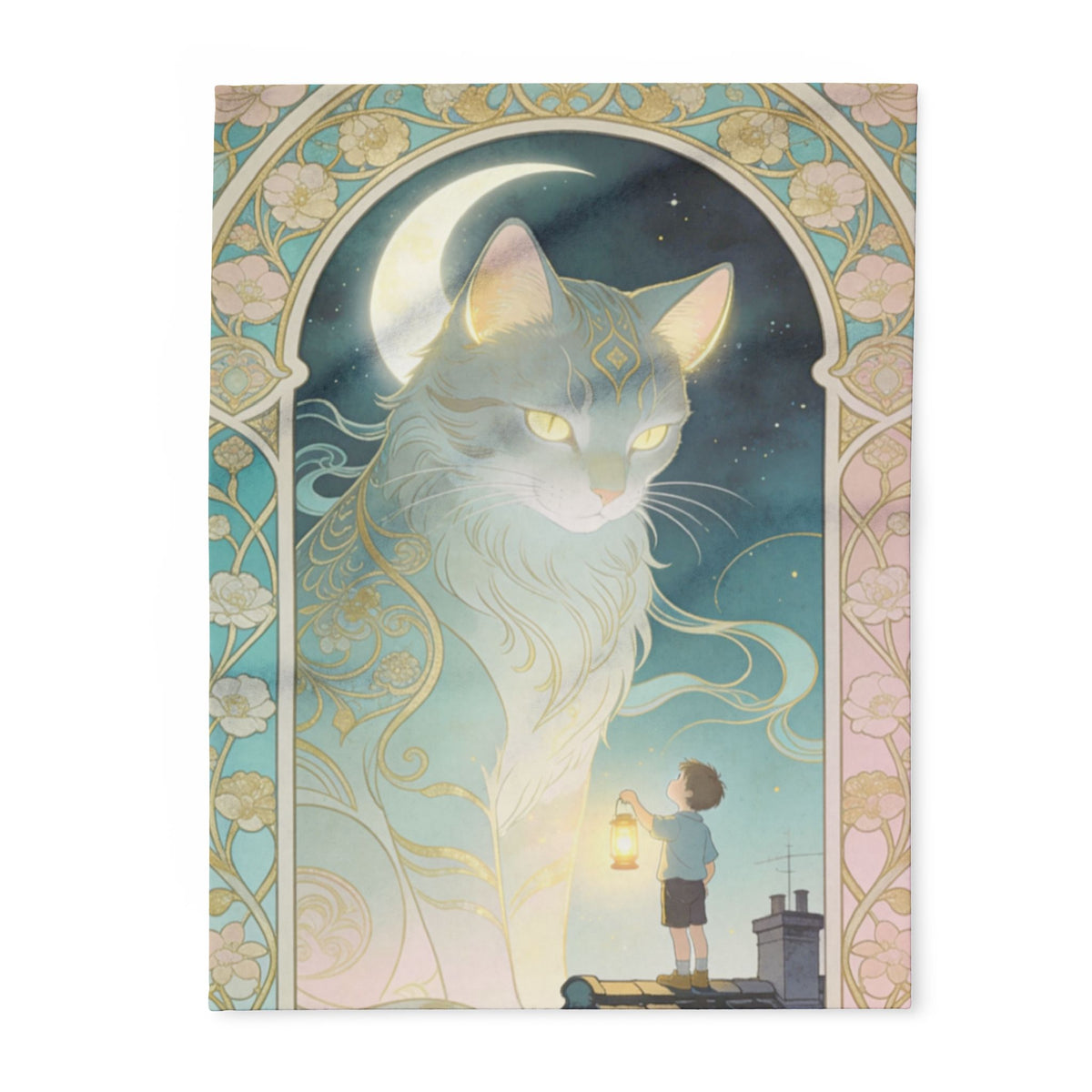 The Lantern Cat & Rooftop Boy - Fleece Blanket