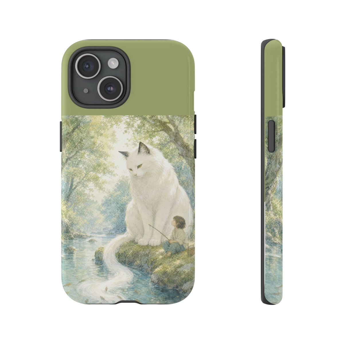 By the Stream, She Watches — Guardian Cat & Child iPhone Case