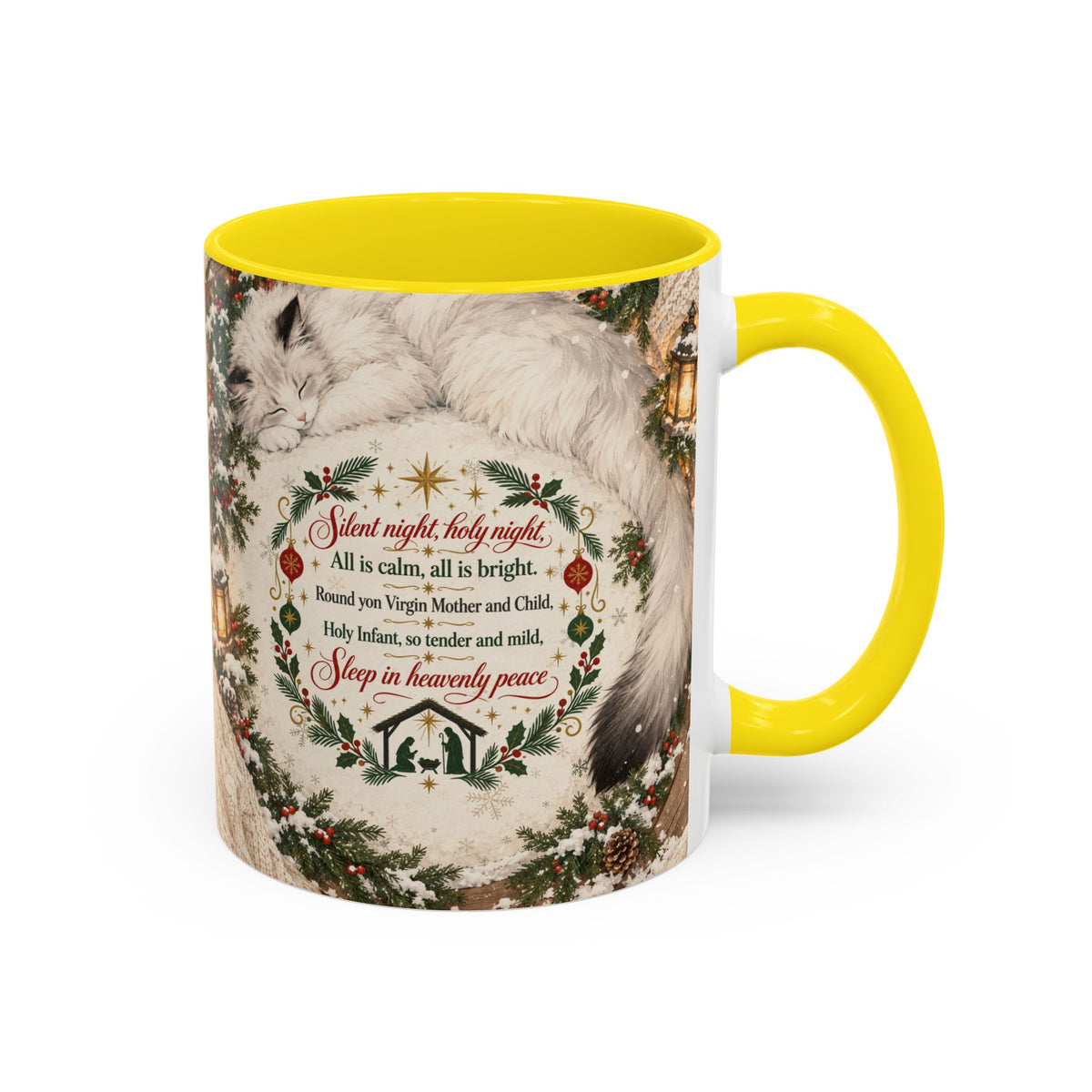 Silent Night Carol — Christmas Cat Accent Mug (11oz / 15oz)