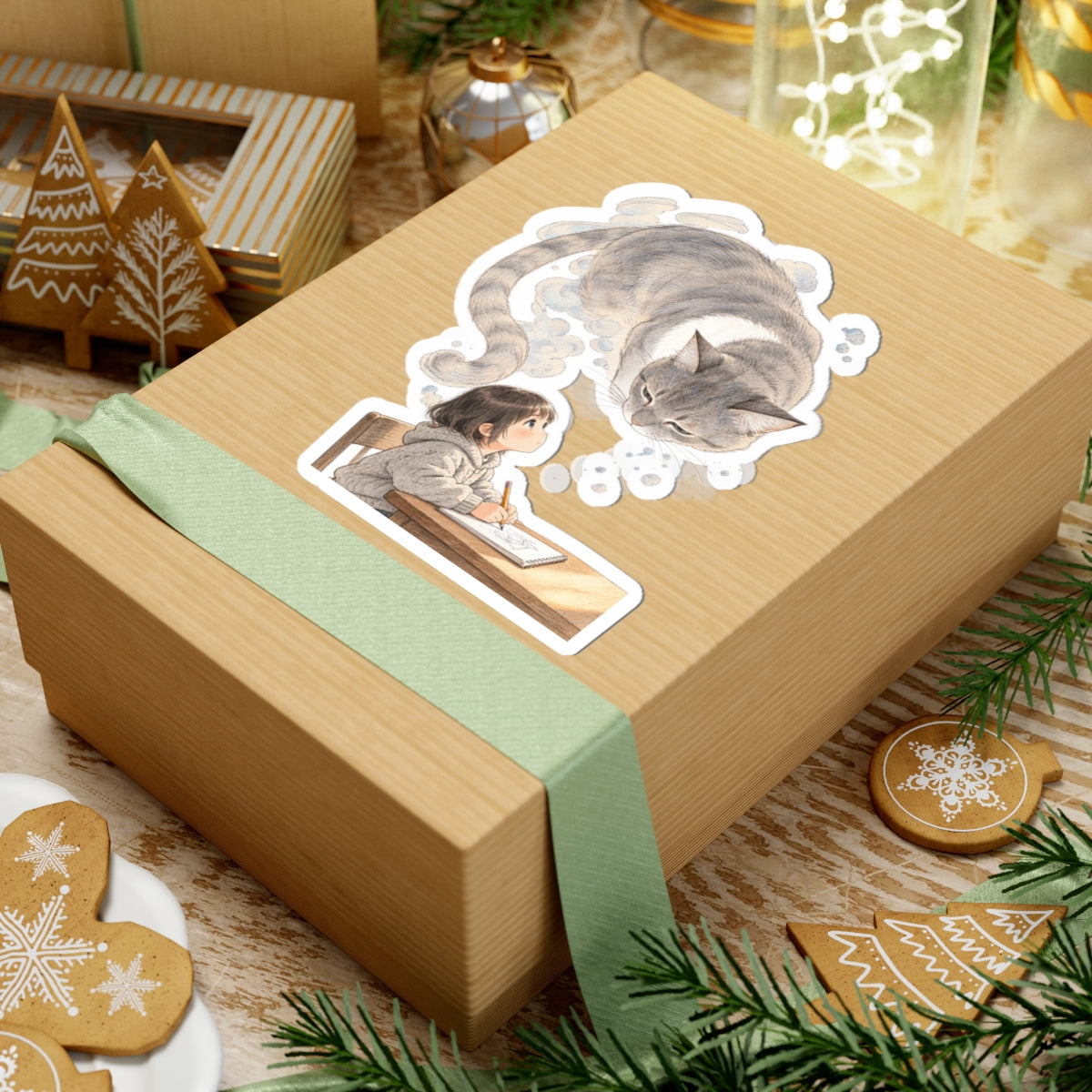 Guarded Dreams — Child & Cat Kiss-Cut Vinyl Sticker