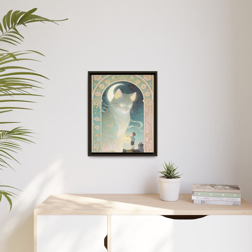 The Lantern Cat & Rooftop Boy - Framed Canvas Print