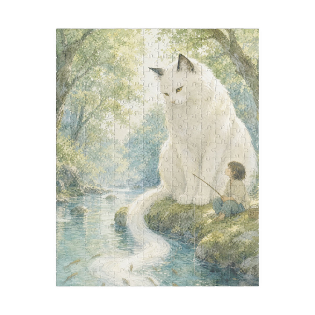 By the Stream, She Watches — Guardian Cat & Child Jigsaw Puzzle