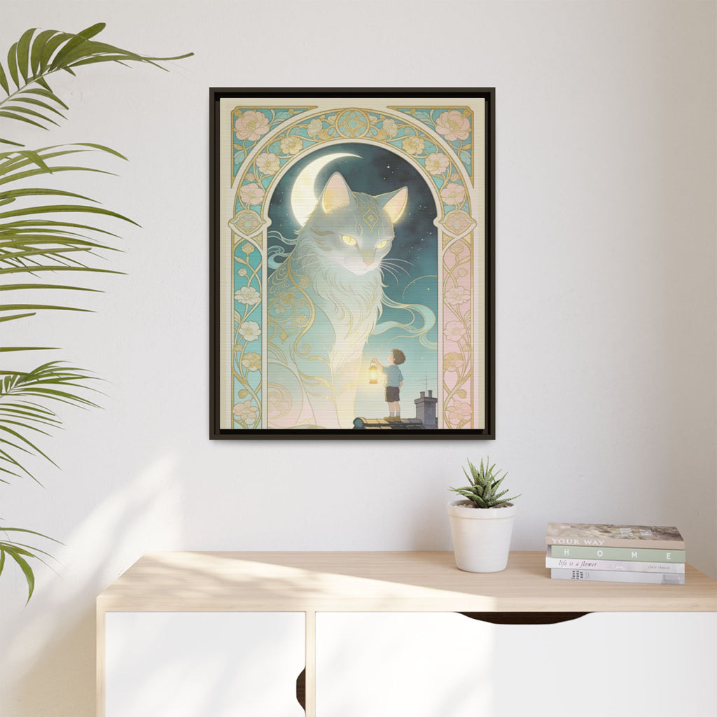 The Lantern Cat & Rooftop Boy - Framed Canvas Print