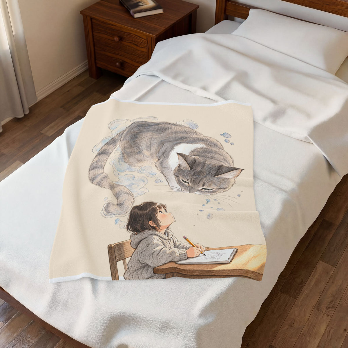 Guarded Dreams — Child & Cat Velveteen Plush Throw Blanket