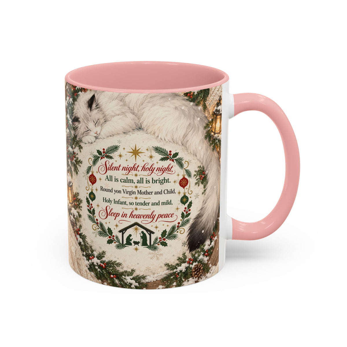 Silent Night Carol — Christmas Cat Accent Mug (11oz / 15oz)