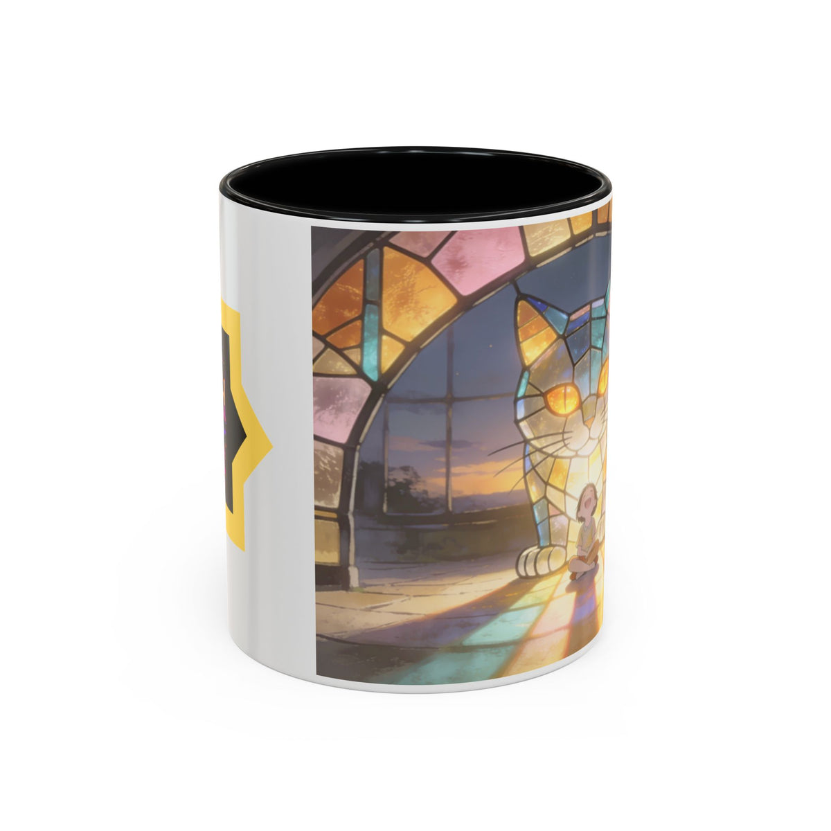 Glasslight Watch — Stained Glass Guardian Cat Accent Mug, 11 or 15 oz