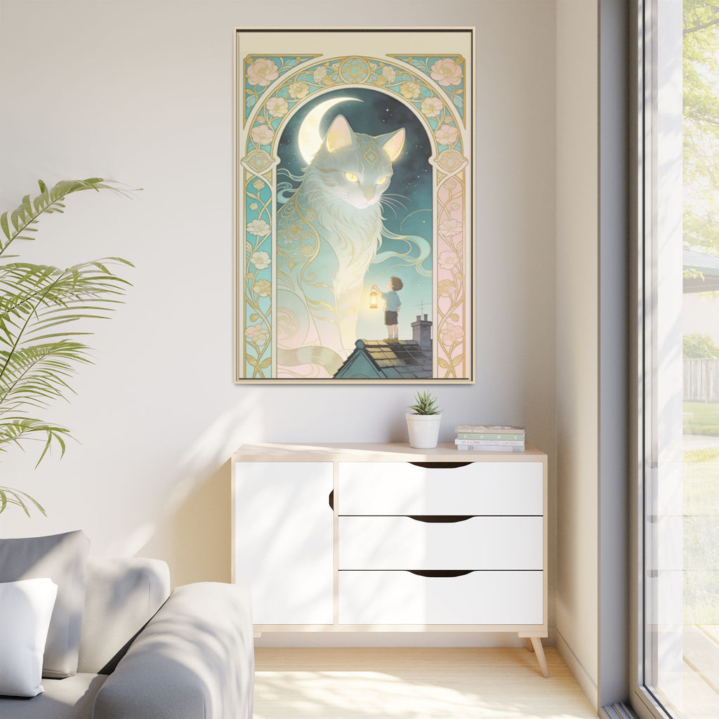 The Lantern Cat & Rooftop Boy - Framed Canvas Print