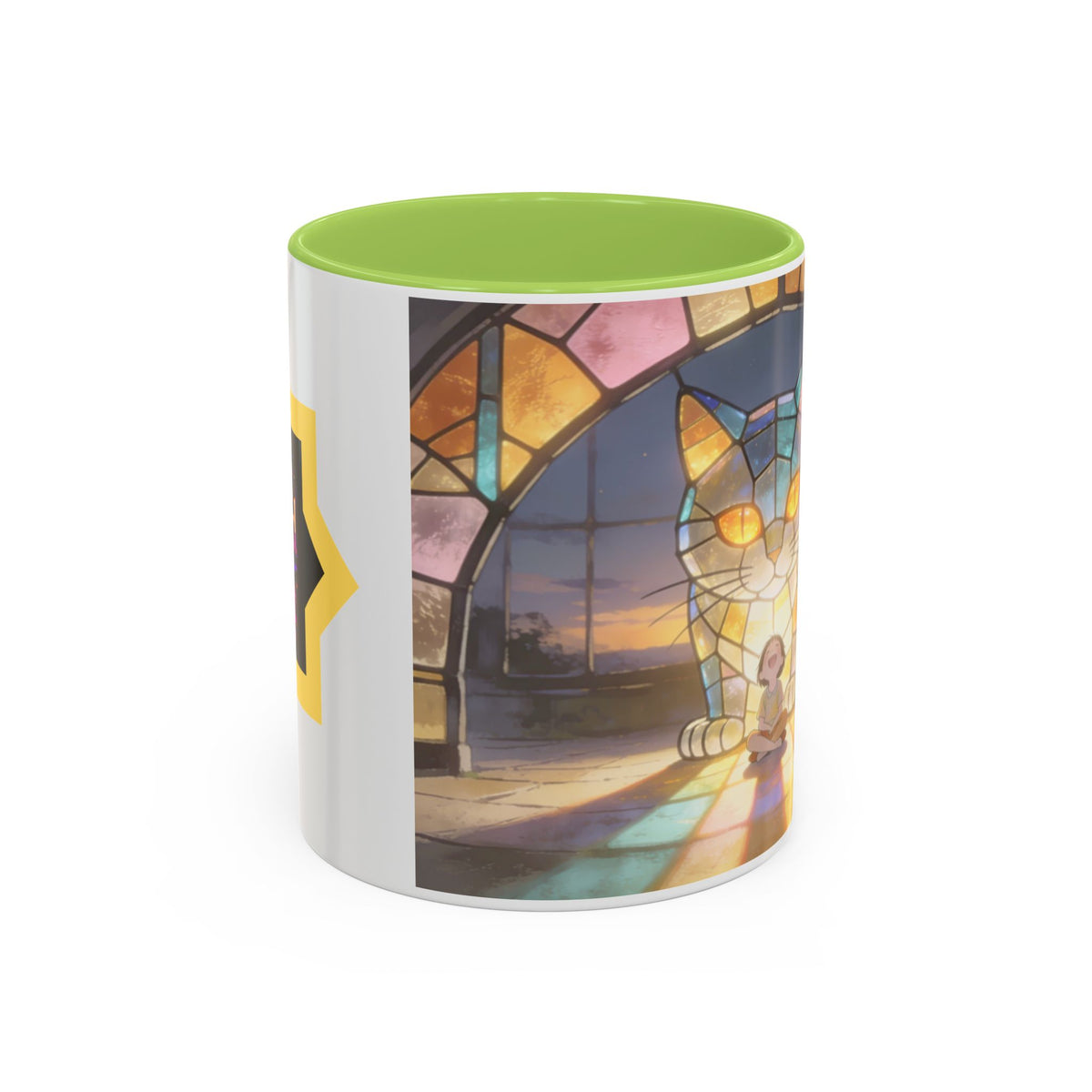 Glasslight Watch — Stained Glass Guardian Cat Accent Mug, 11 or 15 oz