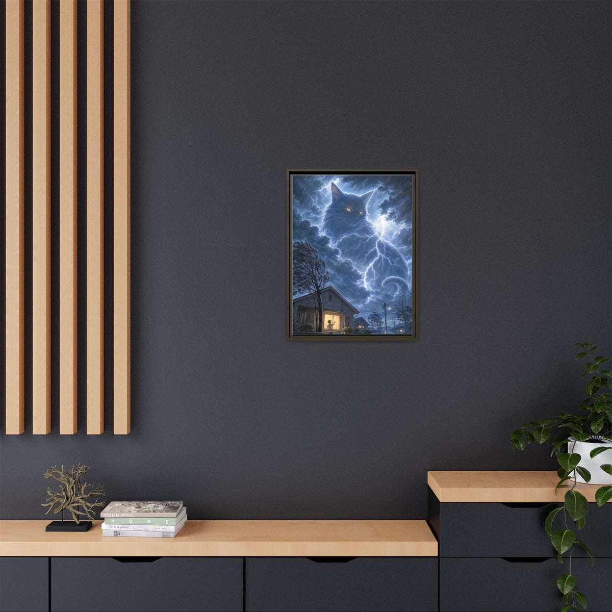 Never Fear the Storm — Lightning Cat Framed Matte Canvas