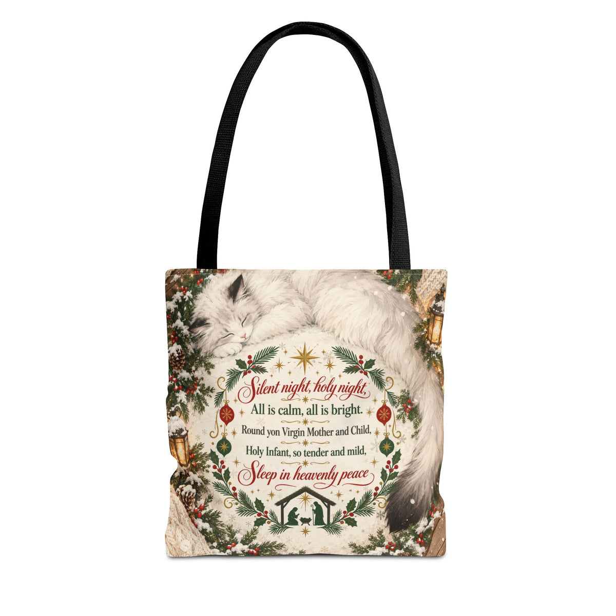 Silent Night Carol — Two-Sided Holiday Tote (Happy Holidays Snowy Wreath)