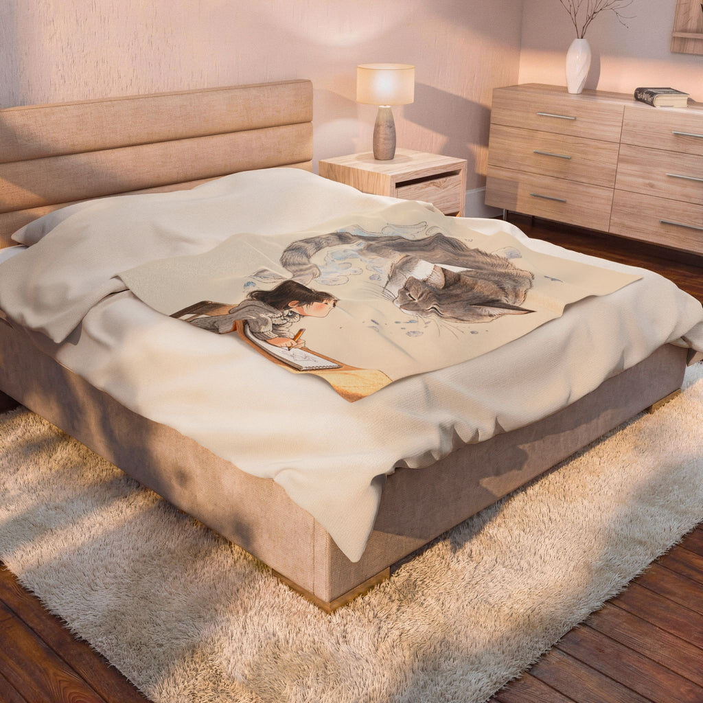 Guarded Dreams — Child & Cat Velveteen Plush Throw Blanket