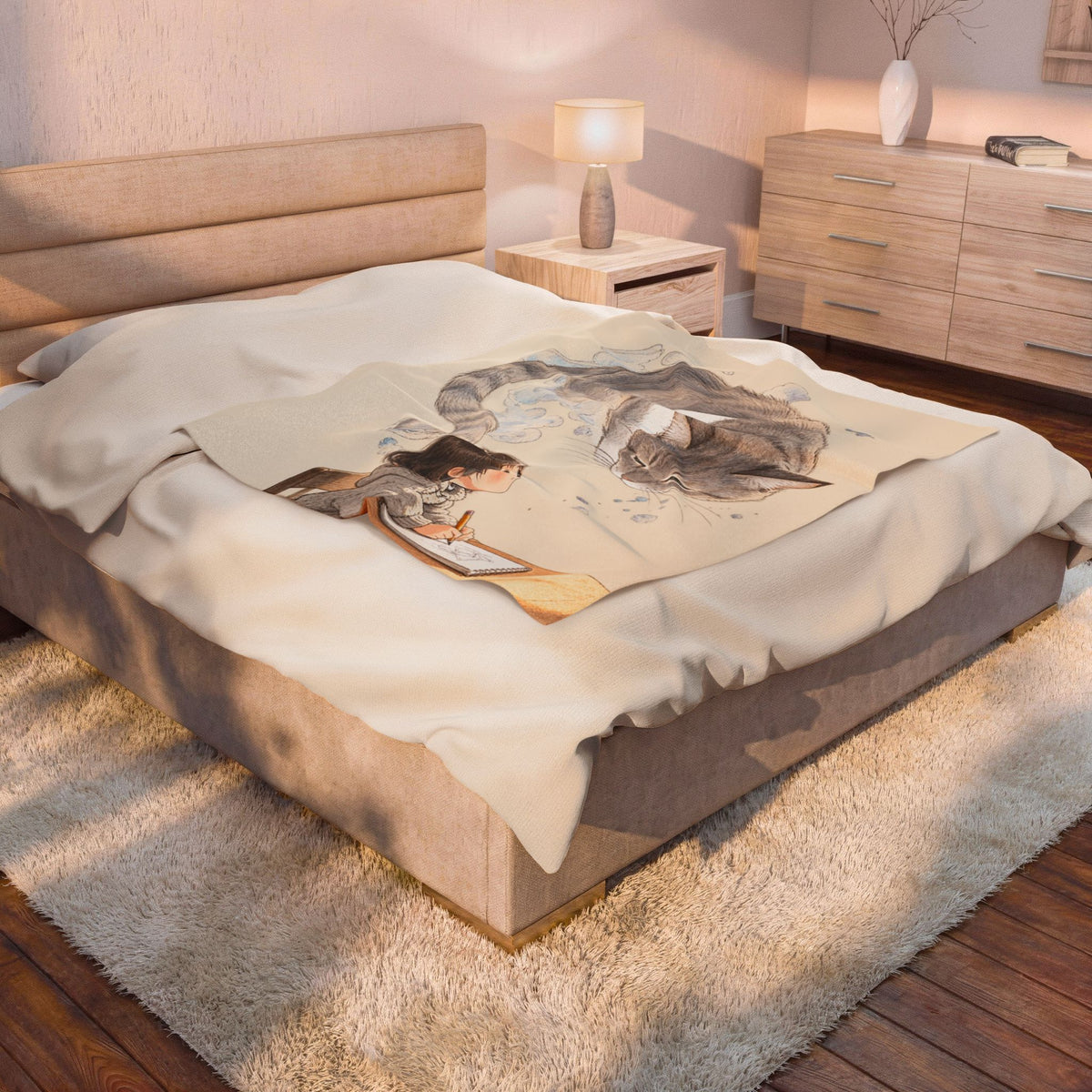 Guarded Dreams — Child & Cat Velveteen Plush Throw Blanket