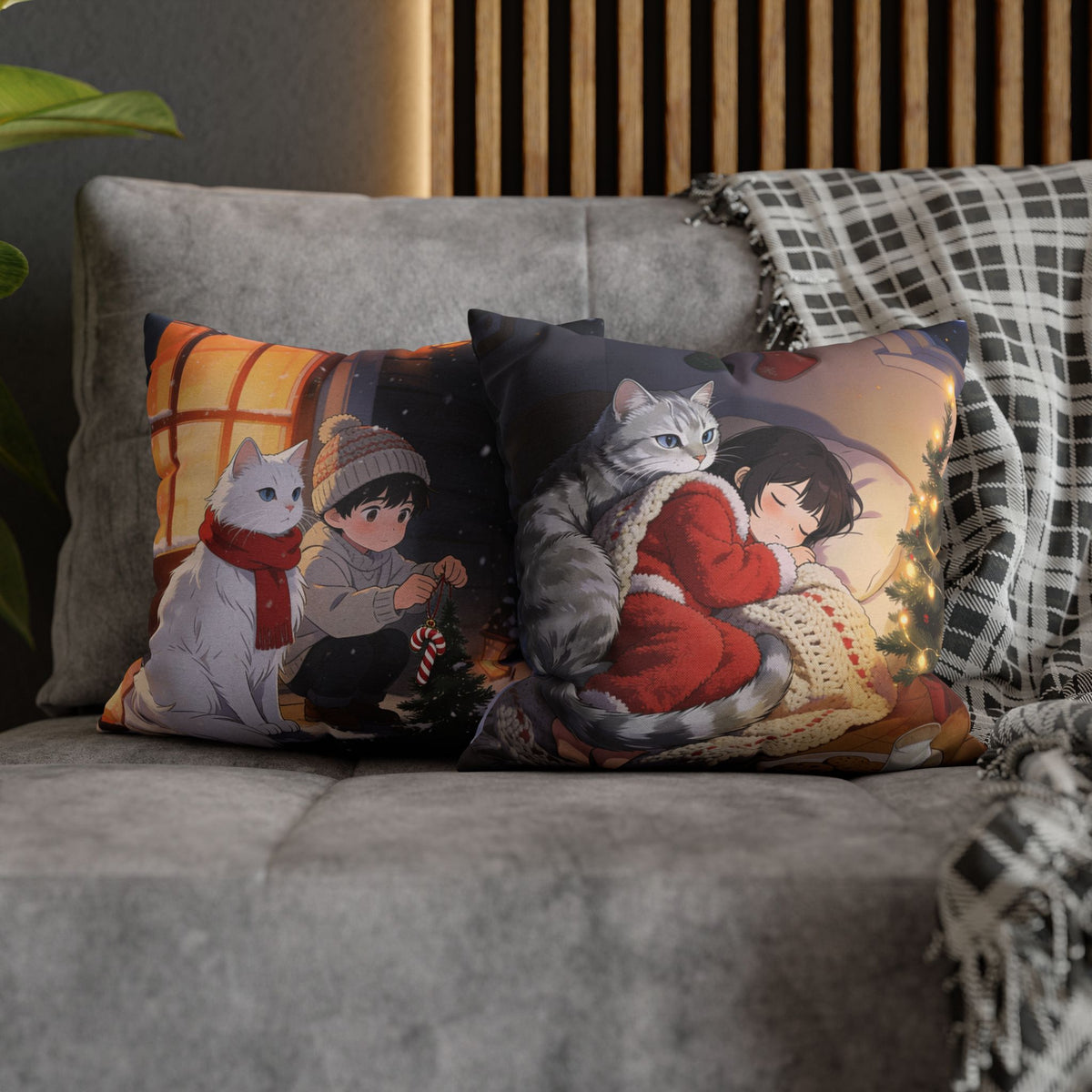 Christmas Cozy Cat Pillowcase — Spun Polyester Pillow Cover