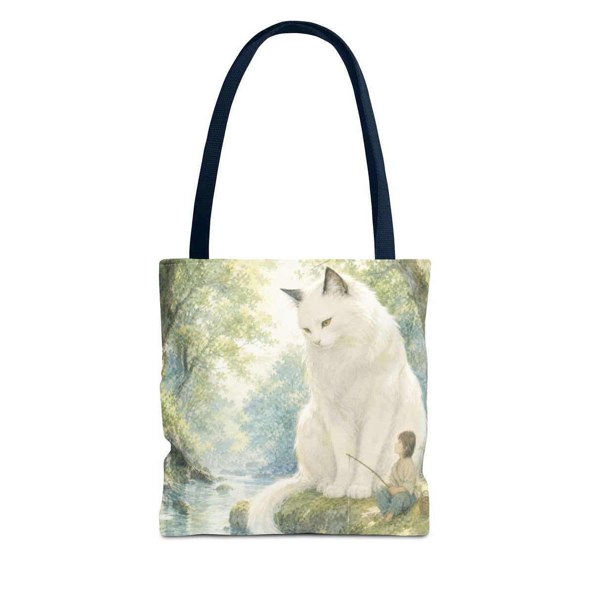 By the Stream, She Watches — Guardian Cat & Child Tote Bag