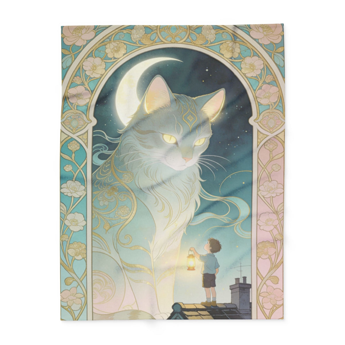 The Lantern Cat & Rooftop Boy - Fleece Blanket