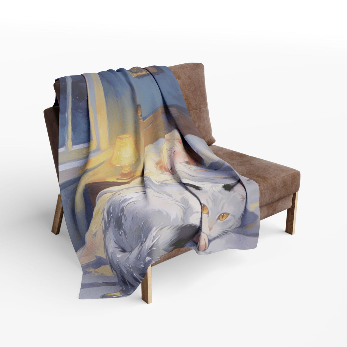 Cozy Moonlit Cat Fleece Blanket — Child Sleeping with Cat Nightscape Throw