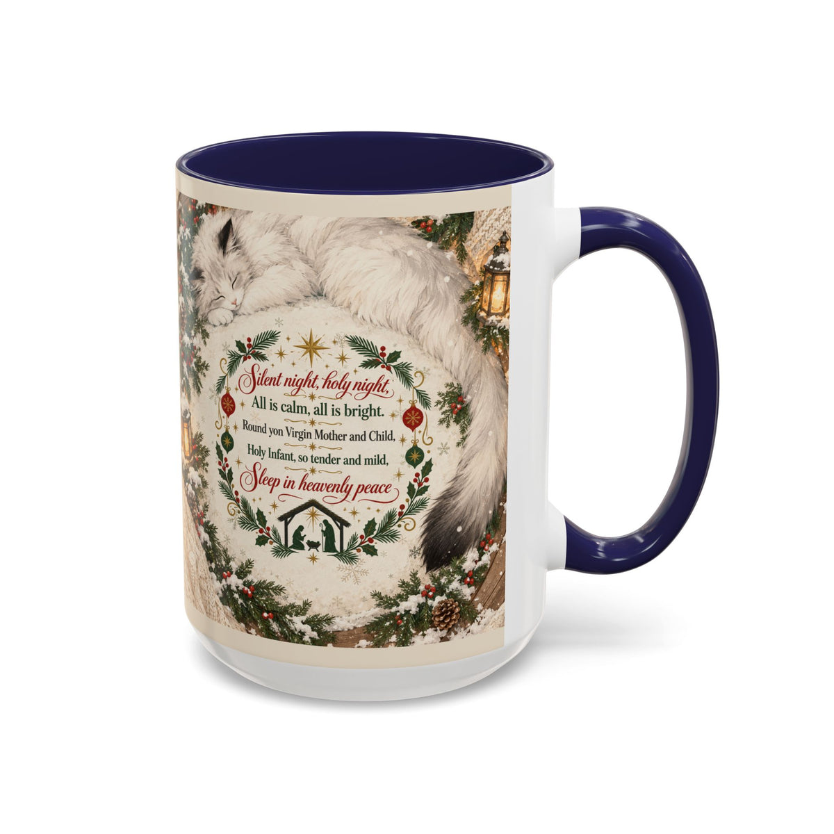 Silent Night Carol — Christmas Cat Accent Mug (11oz / 15oz)
