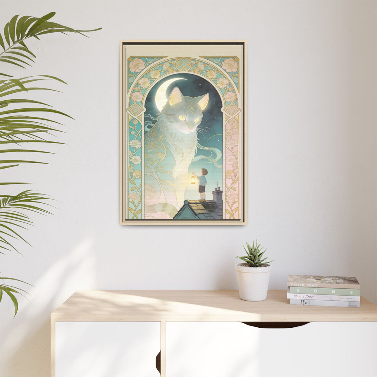 The Lantern Cat & Rooftop Boy - Framed Canvas Print