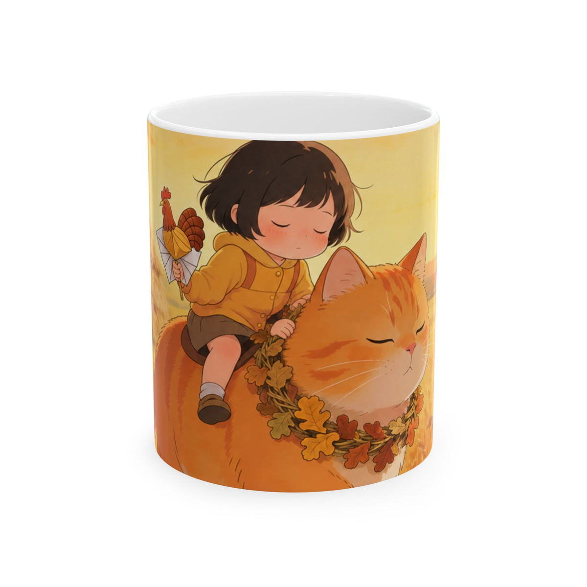 Guarded Through the Harvest — Wheat Walk Mug, Cat & Fawn at Sunset, 11 & 15 oz