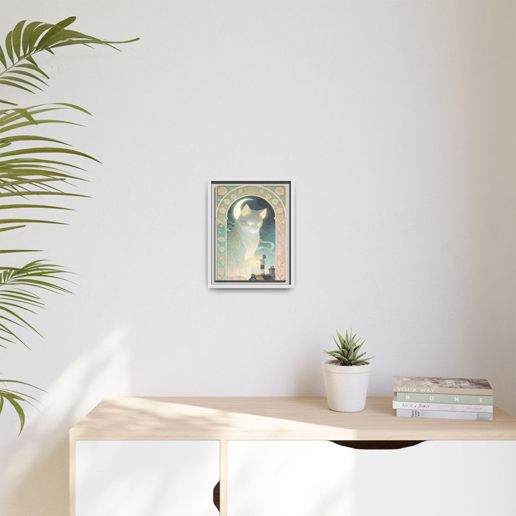 The Lantern Cat & Rooftop Boy - Framed Canvas Print