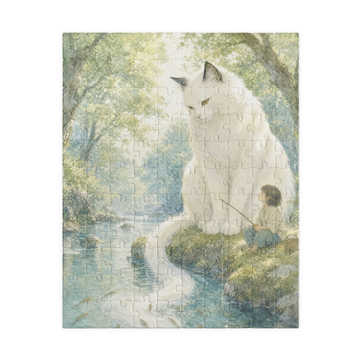 By the Stream, She Watches — Guardian Cat & Child Jigsaw Puzzle