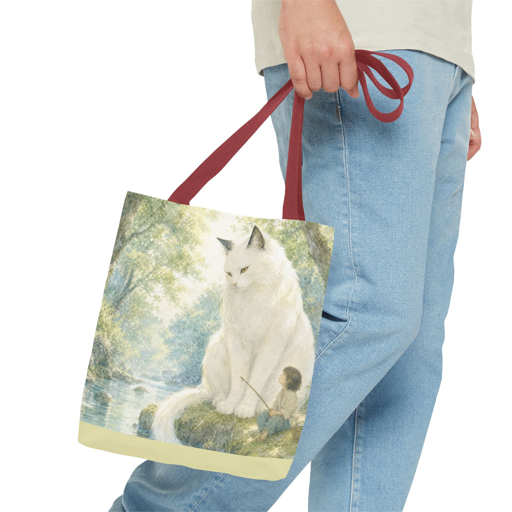 By the Stream, She Watches — Guardian Cat & Child Tote Bag