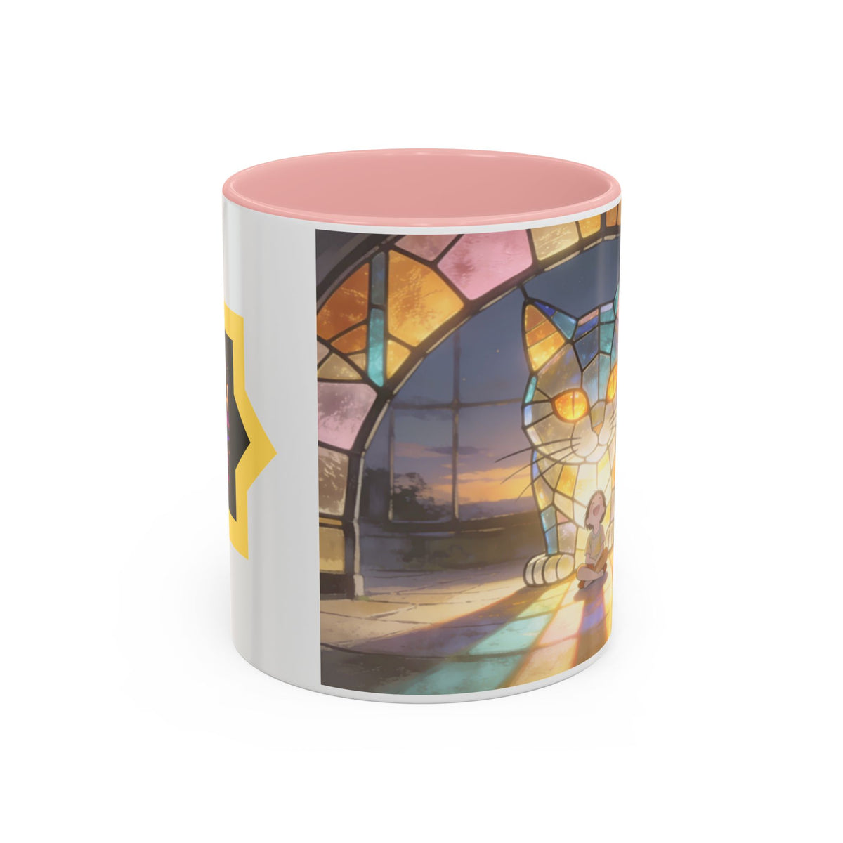 Glasslight Watch — Stained Glass Guardian Cat Accent Mug, 11 or 15 oz