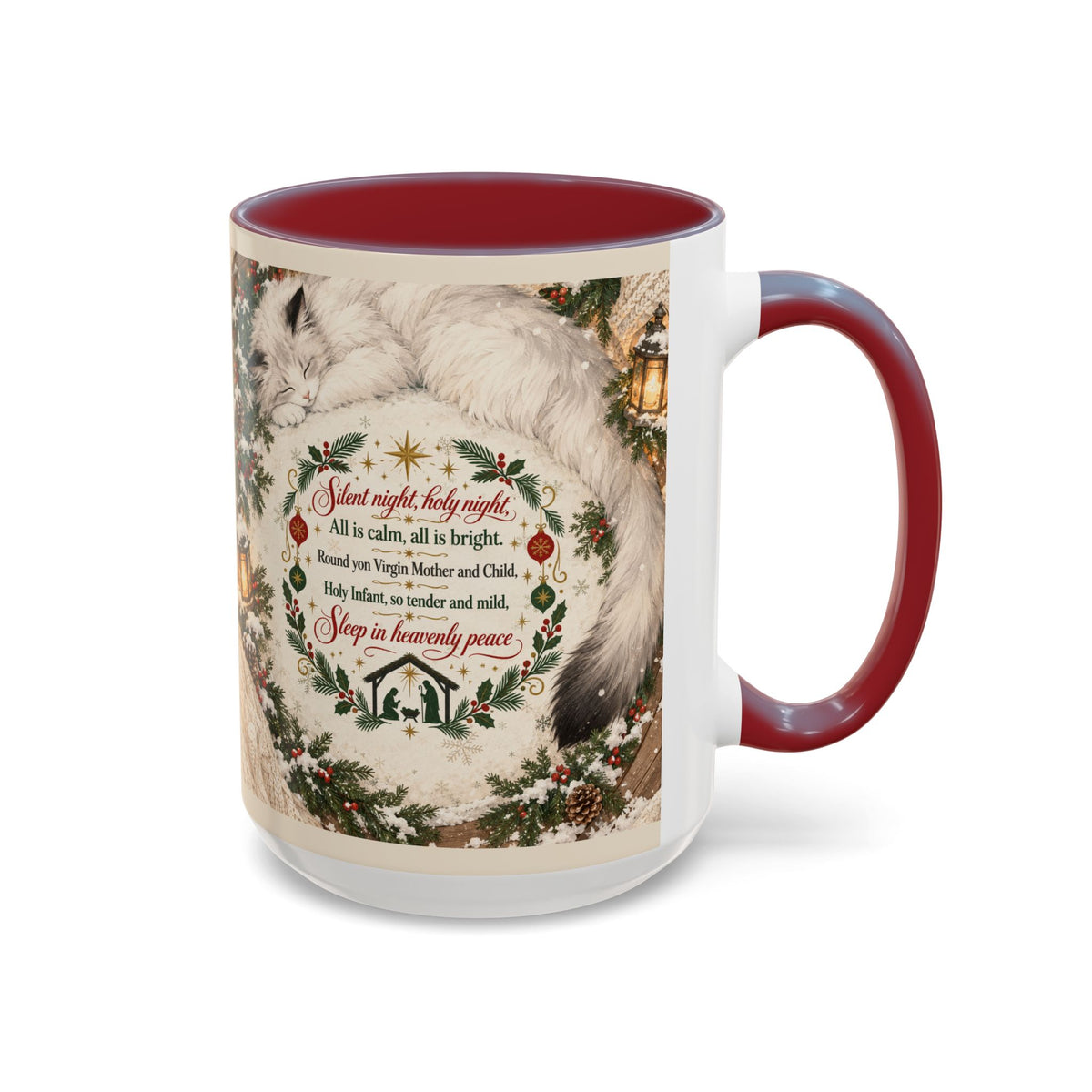 Silent Night Carol — Christmas Cat Accent Mug (11oz / 15oz)