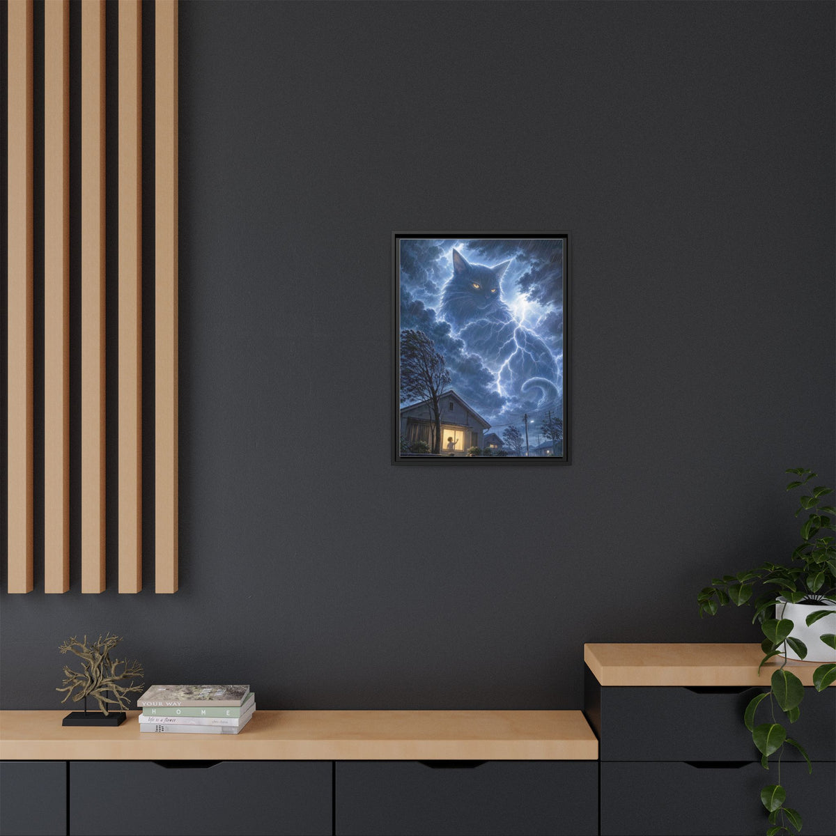 Never Fear the Storm — Lightning Cat Framed Matte Canvas